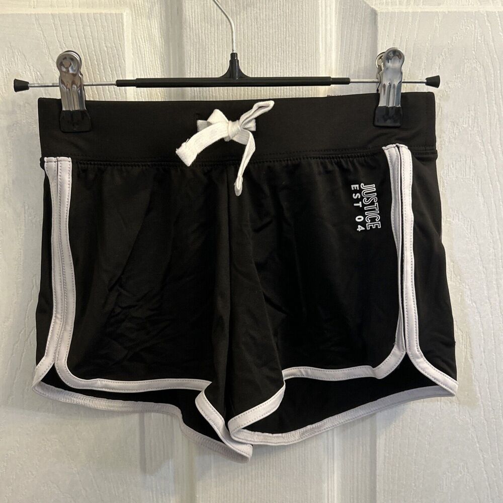 NWT Justice Girls Black Dolphin Shorts Size 7/8 NWT Drawstring Logo Cotton